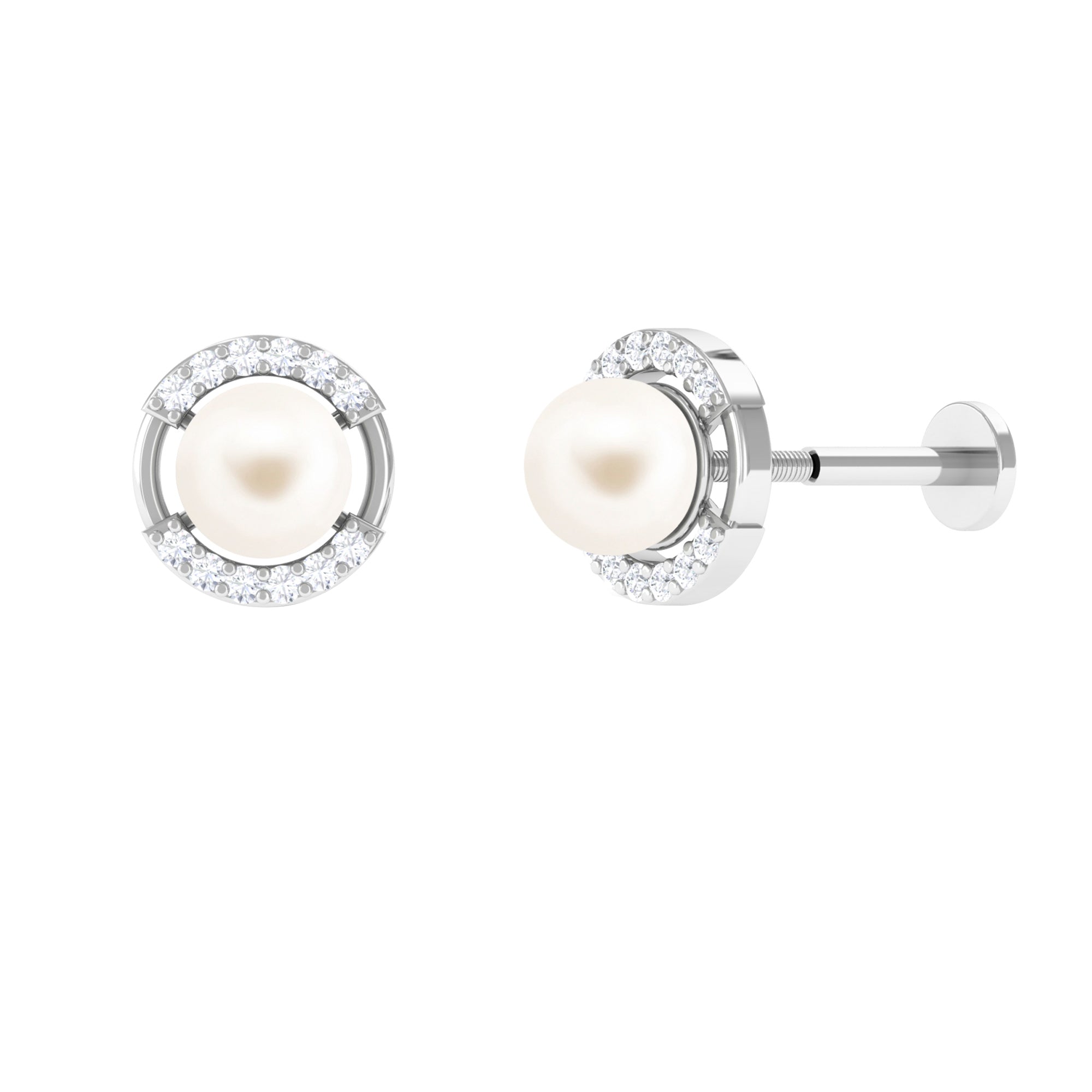 Real Freshwater Pearl Circle Cartilage Earring with Diamond Freshwater Pearl - ( AAA ) - Quality - Arisha Jewels