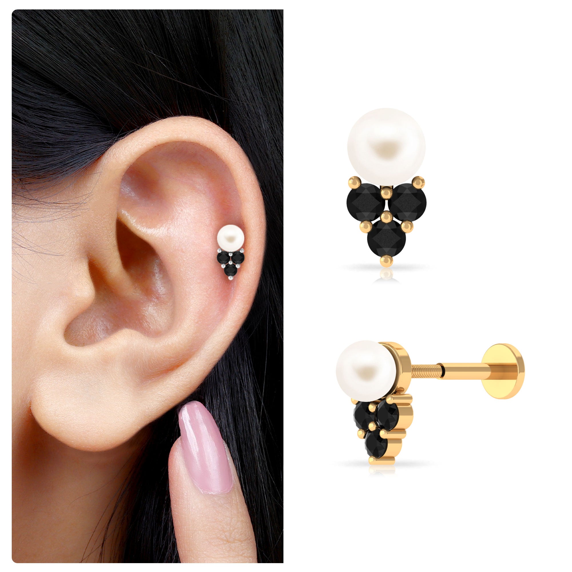 Unique Freshwater Pearl Helix Earring with Black Spinel Freshwater Pearl - ( AAA ) - Quality - Arisha Jewels