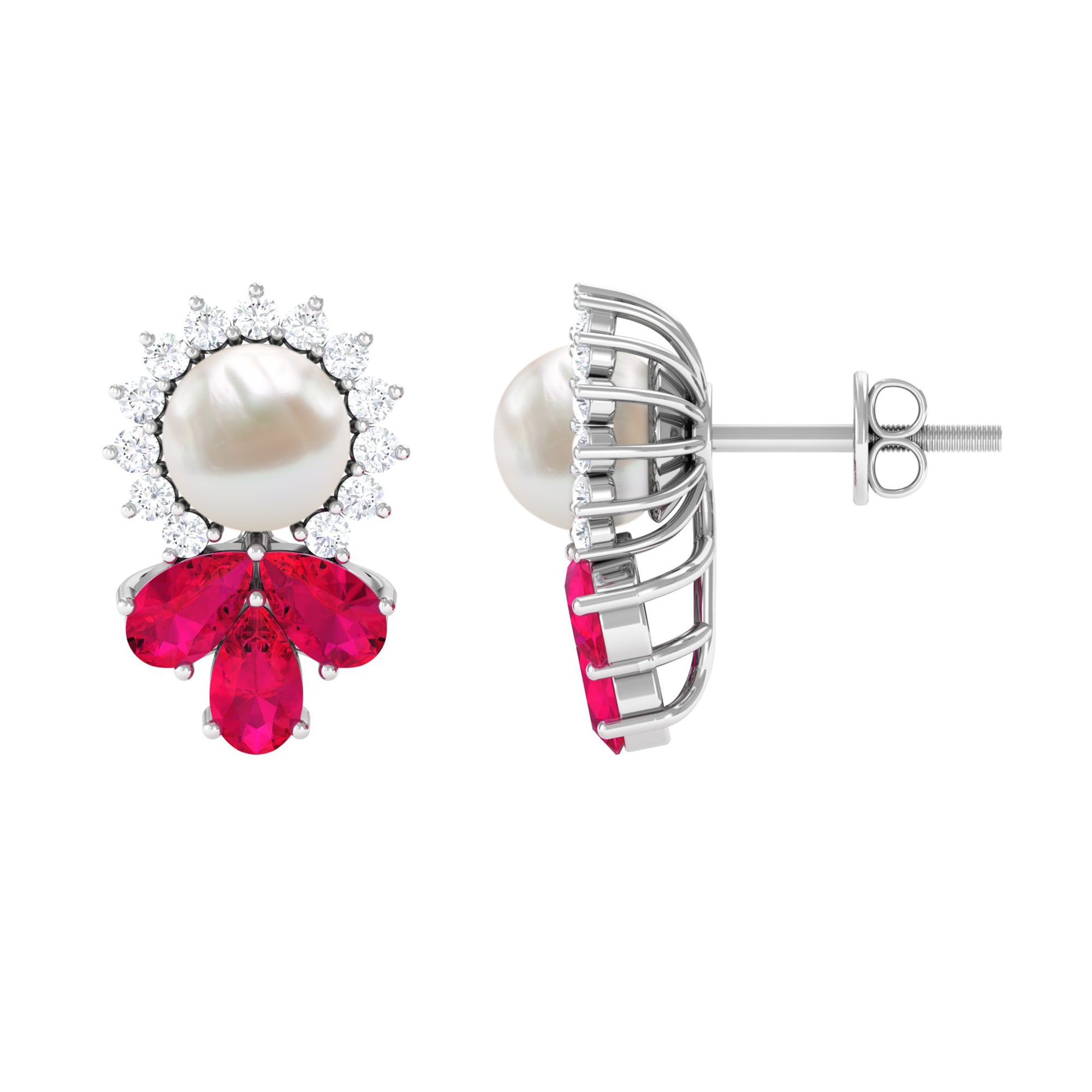 Arisha Jewels-Freshwater White Pearl Cocktail Stud Earrings with Ruby