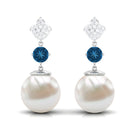 Arisha Jewels-White Pearl Drop Earrings with Blue Topaz and Diamond