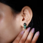 Arisha Jewels-Natural Certified Black Tahitian Pearl Leaf Stud Earrings with Created Emerald