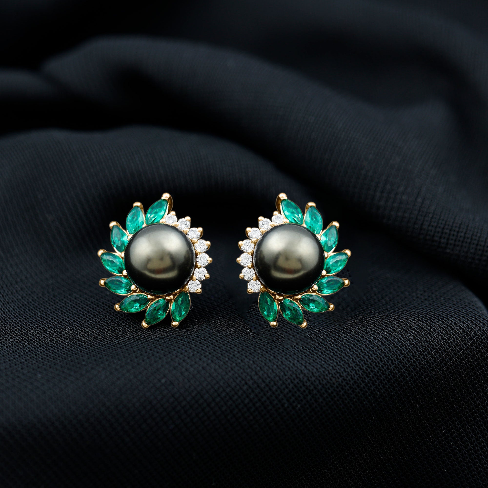 Arisha Jewels-Natural Certified Black Pearl Halo Stud Earrings with Emerald and Moissanite