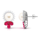 Arisha Jewels-Freshwater White Pearl Cocktail Stud Earrings with Ruby