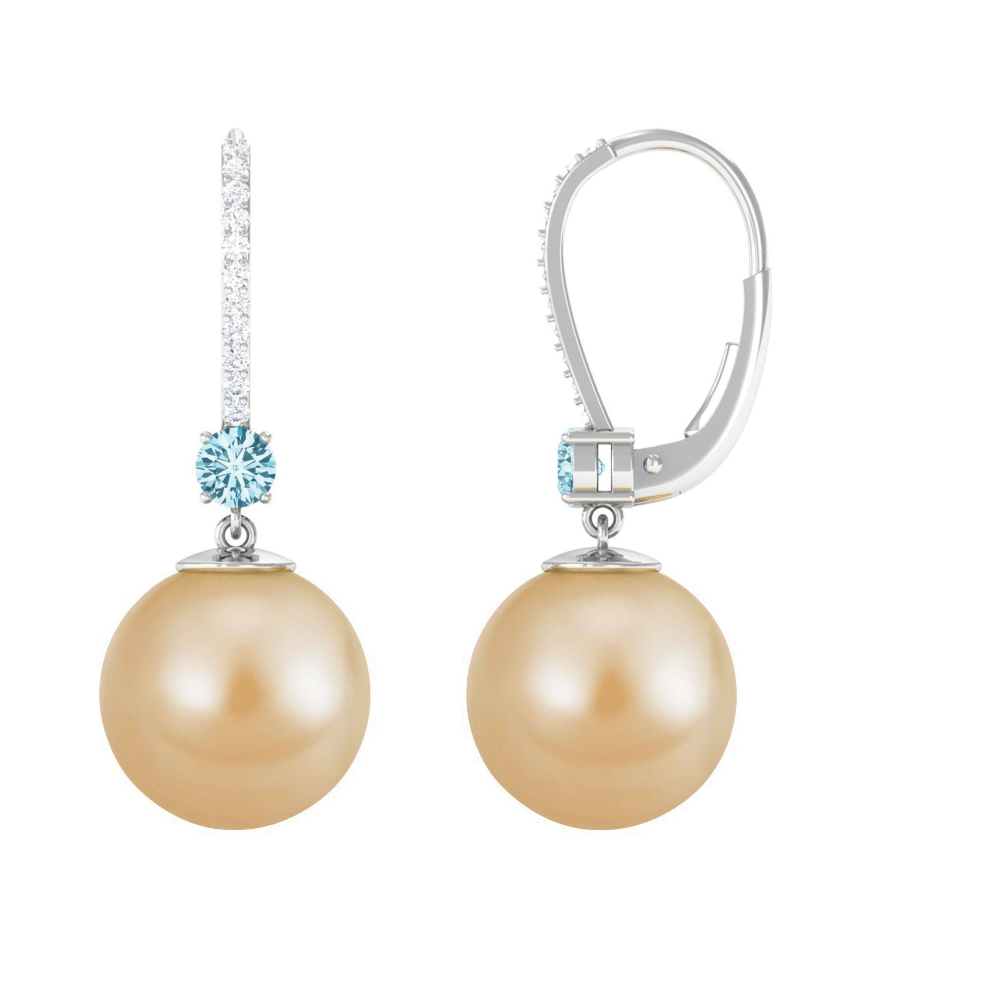 South Sea Pearl Drop Earrings with Aquamarine and Diamond South Sea Pearl-AAA Quality - Arisha Jewels