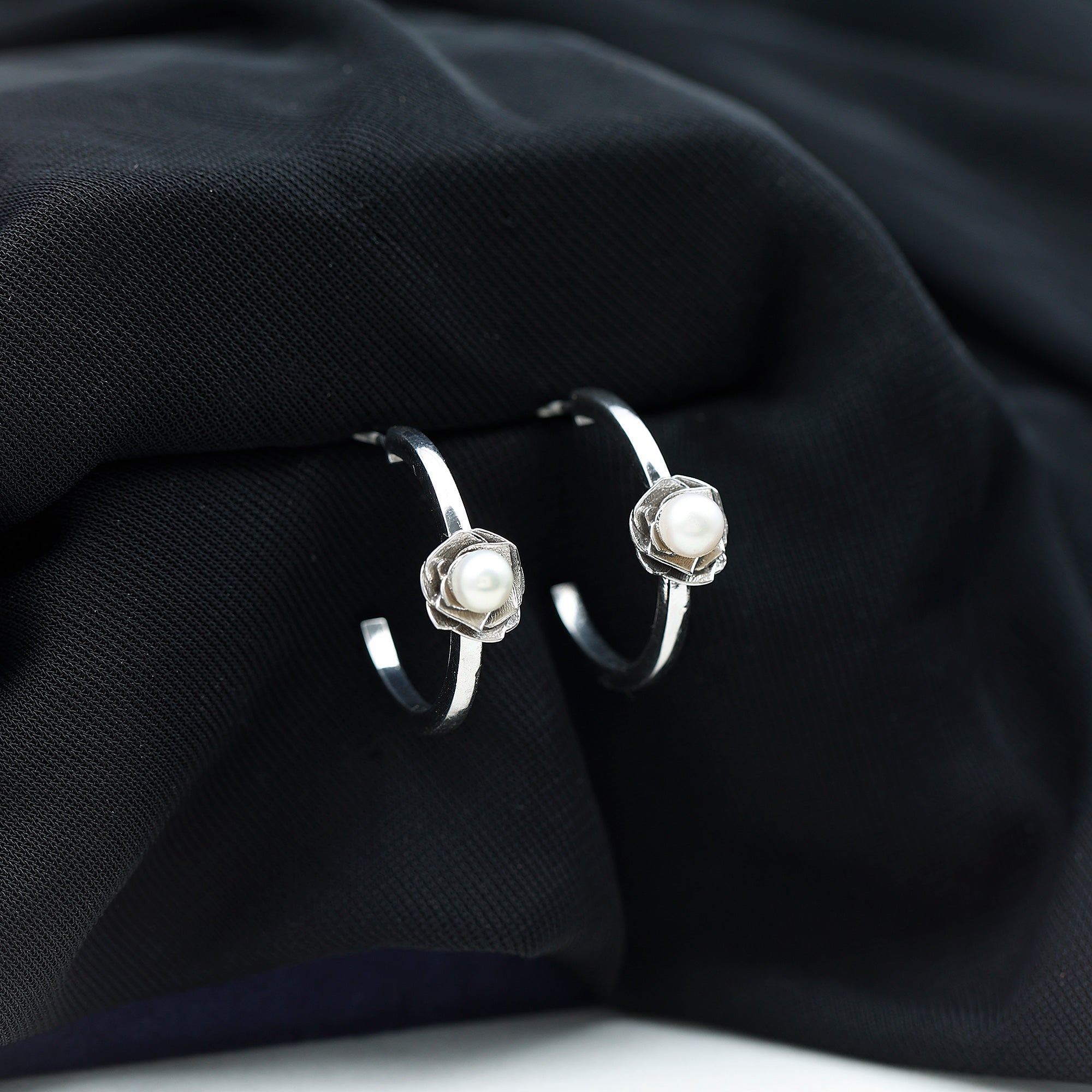 Freshwater Pearl Flower Silver Hoop Earrings Freshwater Pearl - ( AAA ) - Quality 92.5 Sterling Silver - Arisha Jewels