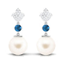 Arisha Jewels-White Pearl Drop Earrings with Blue Topaz and Diamond