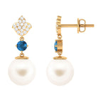 Arisha Jewels-White Pearl Drop Earrings with Blue Topaz and Diamond