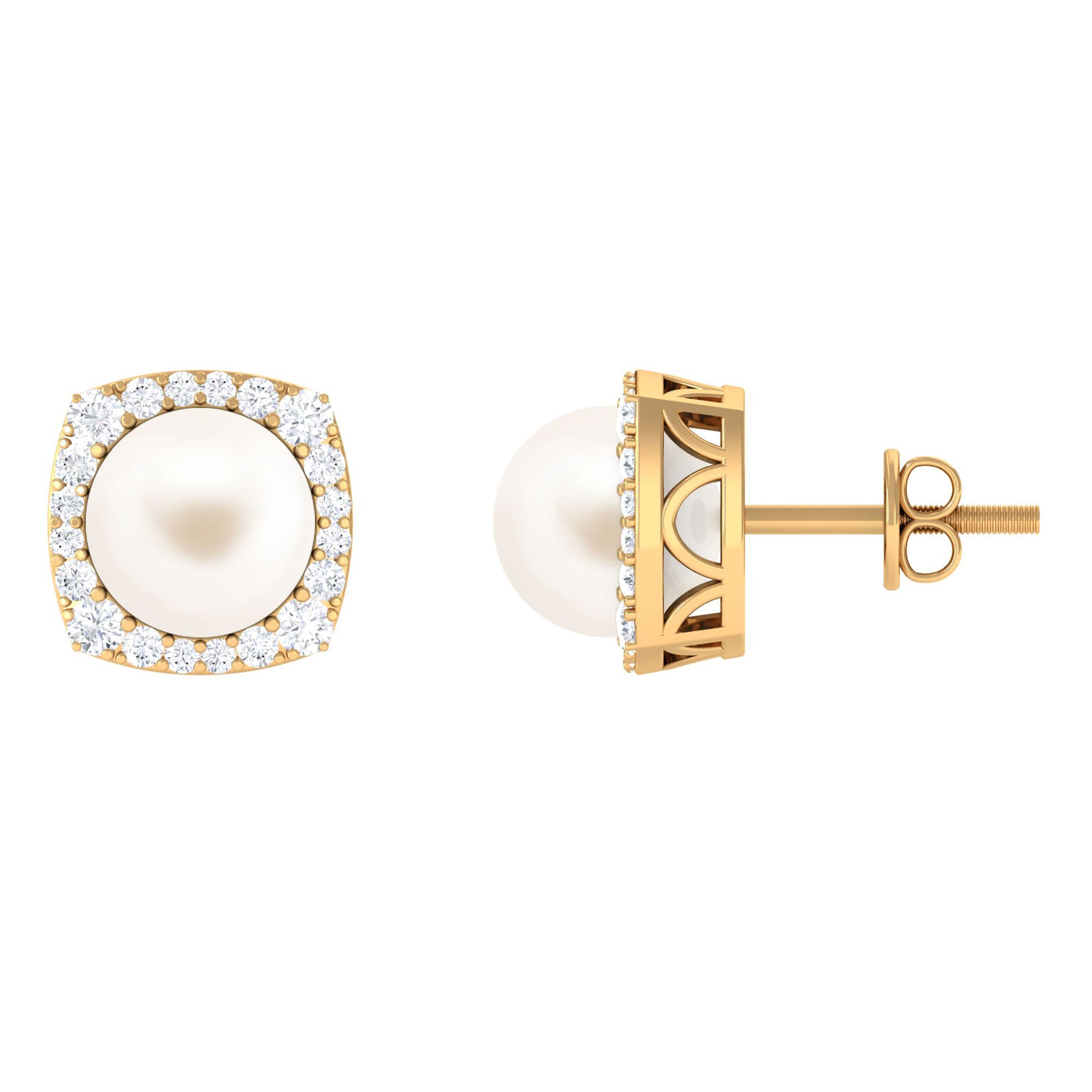 Arisha Jewels-Freshwater Pearl Stud Earrings with Diamond Halo