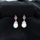 Vintage Style Pearl Drop Earrings with Tourmaline and Moissanite - Arisha Jewels