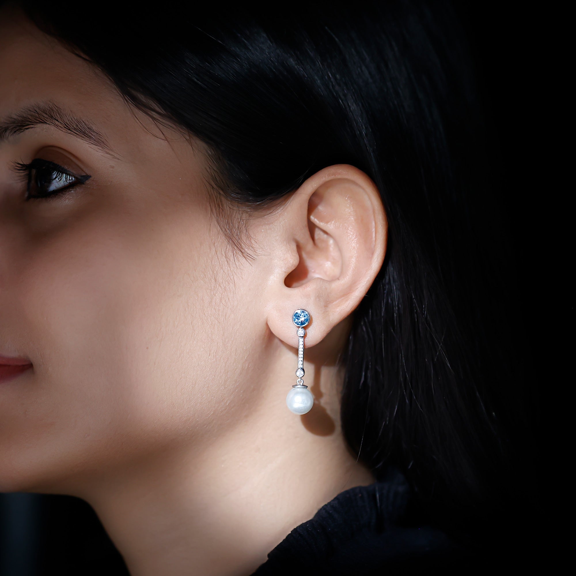 Minimal White Pearl Dangle Earrings with Blue Topaz Freshwater Pearl - ( AAA ) - Quality 92.5 Sterling Silver - Arisha Jewels