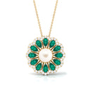 Arisha Jewels-Freshwater Pearl Flower Pendant Necklace with Emerald and Diamond