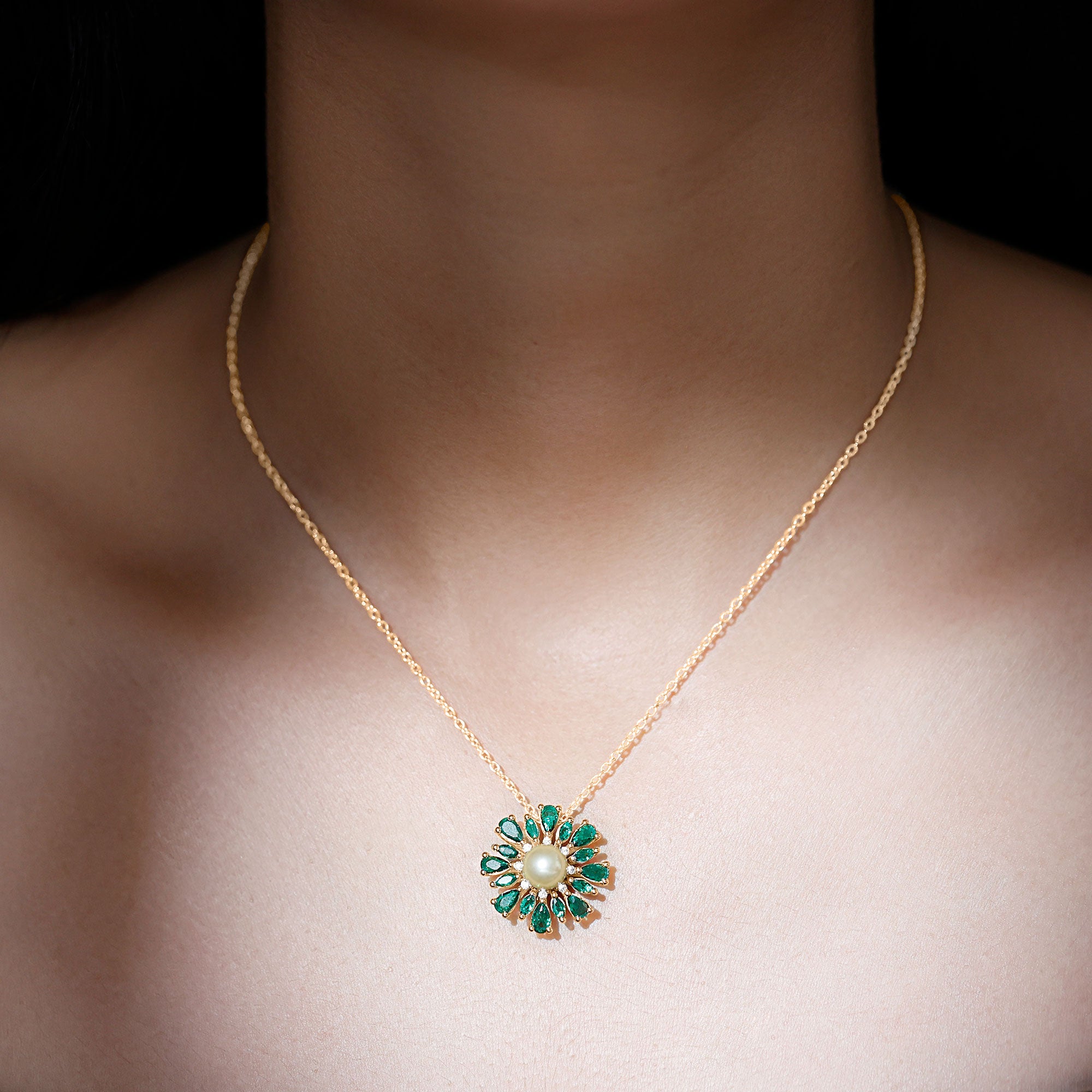 Arisha Jewels-Natural Golden Cultured South Sea Pearl Pendant Necklace with Created Emerald