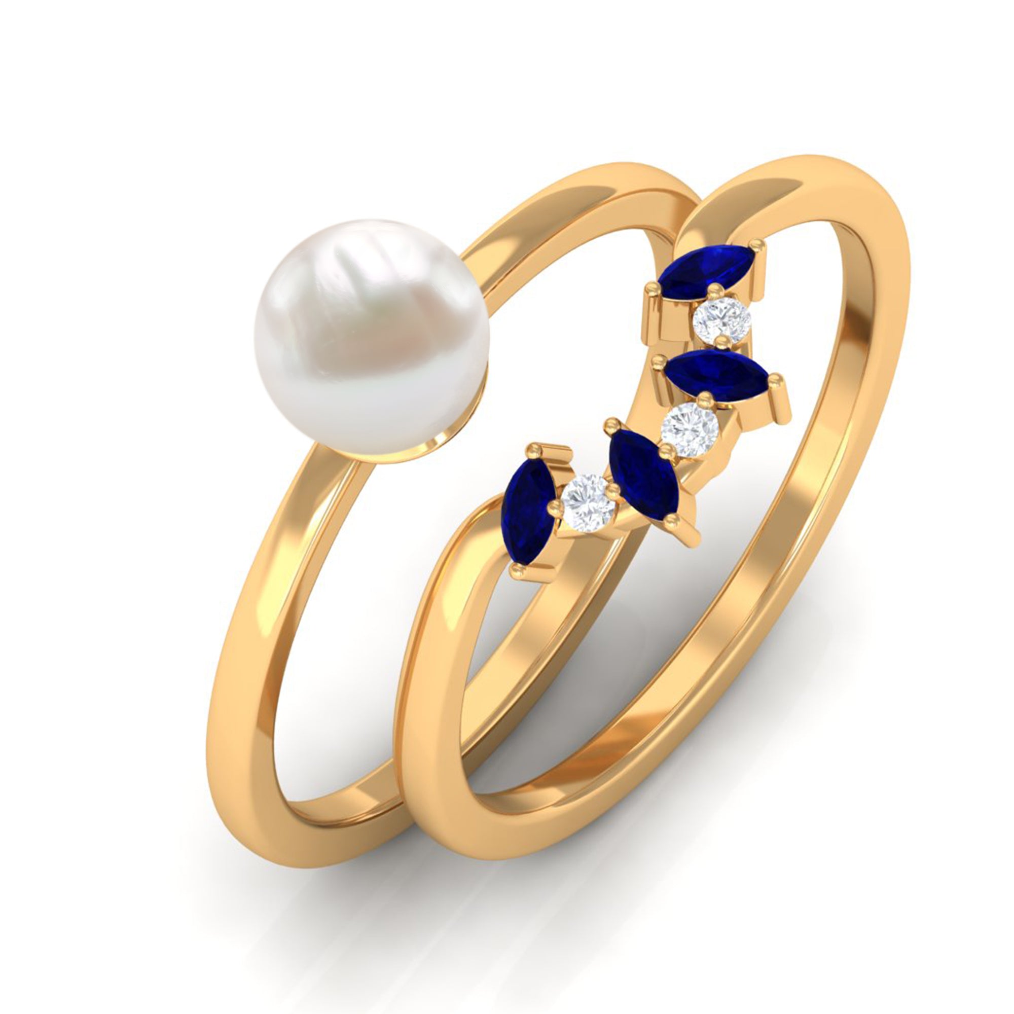 Arisha Jewels-White Pearl Solitaire Ring Set with Blue Sapphire and Diamond