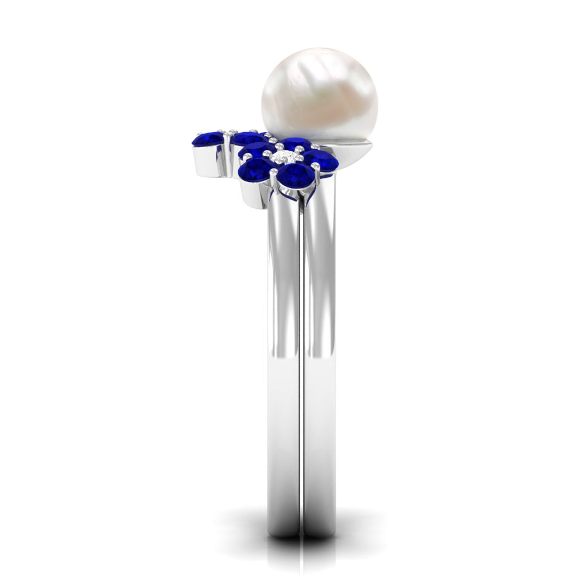 Arisha Jewels-Pearl Bridal Ring Set with Blue Sapphire Floral Enhancer