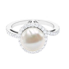 Arisha Jewels-White Freshwater Pearl Halo Engagement Ring with Diamond