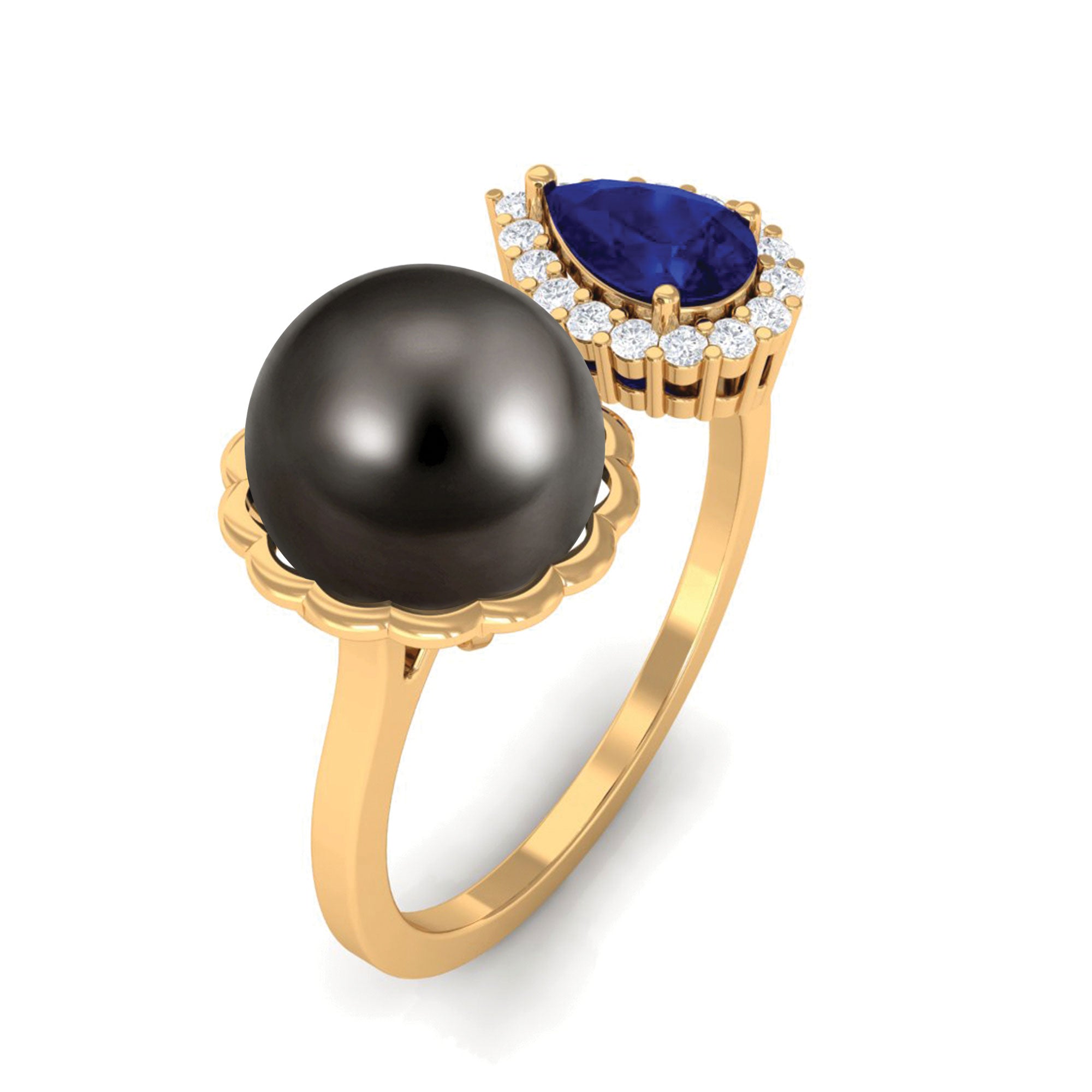 Unique Black Pearl Cuff Ring with Blue Sapphire Tahitian pearl-AAAA Quality - Arisha Jewels