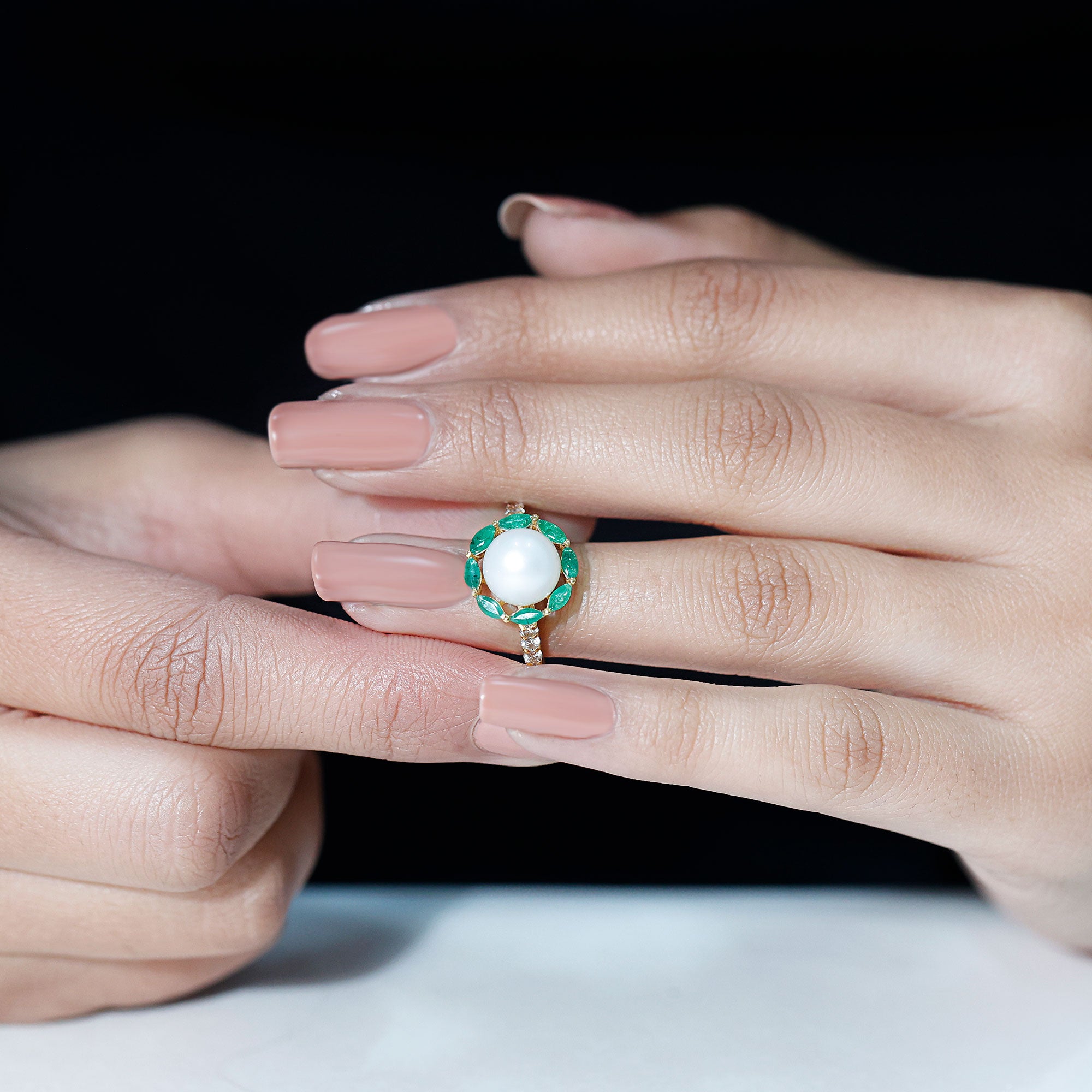 Freshwater Pearl and Emerald Cocktail Halo Engagement Ring with Diamond Freshwater Pearl-AAA Quality - Arisha Jewels