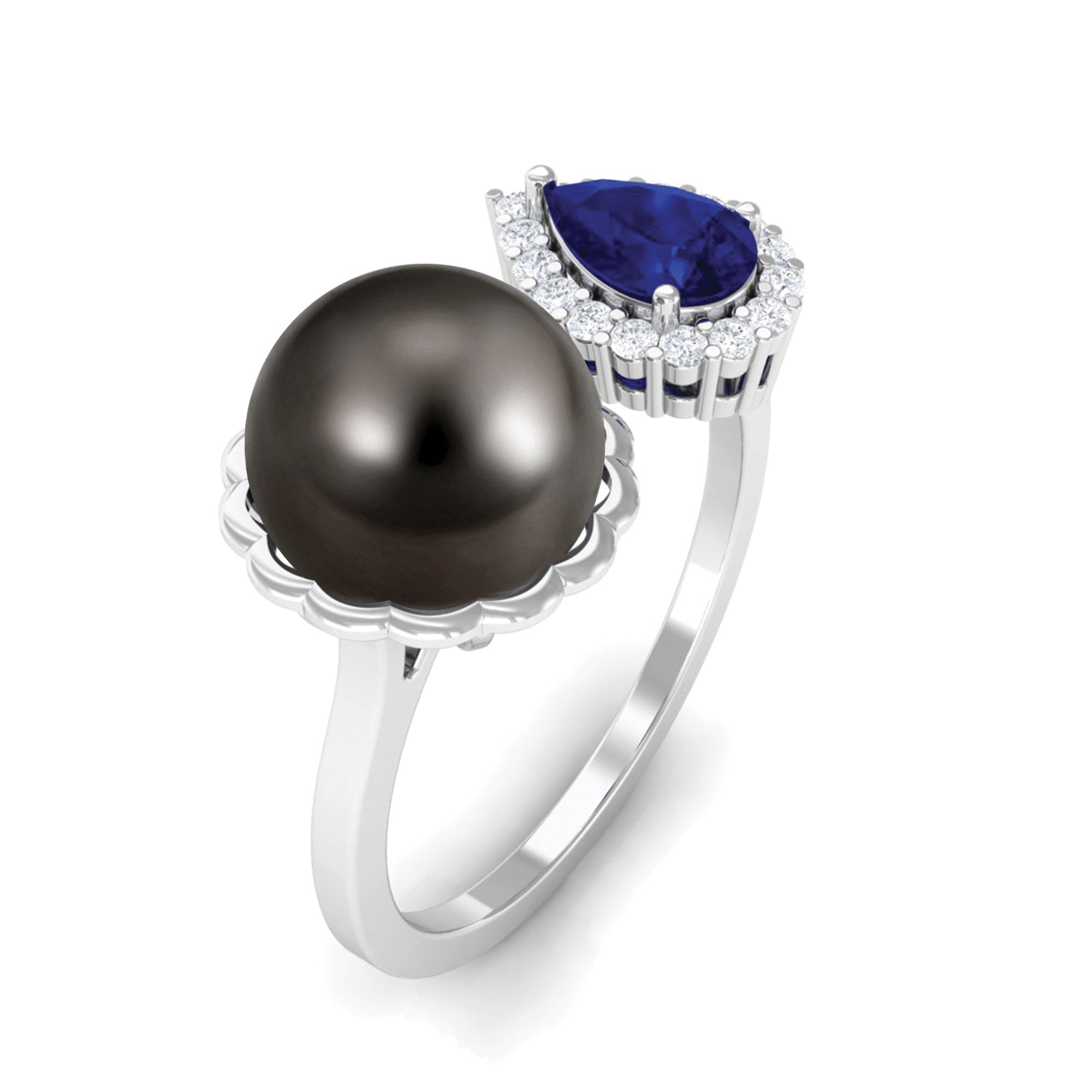 Unique Black Pearl Cuff Ring with Blue Sapphire Tahitian pearl-AAA Quality - Arisha Jewels