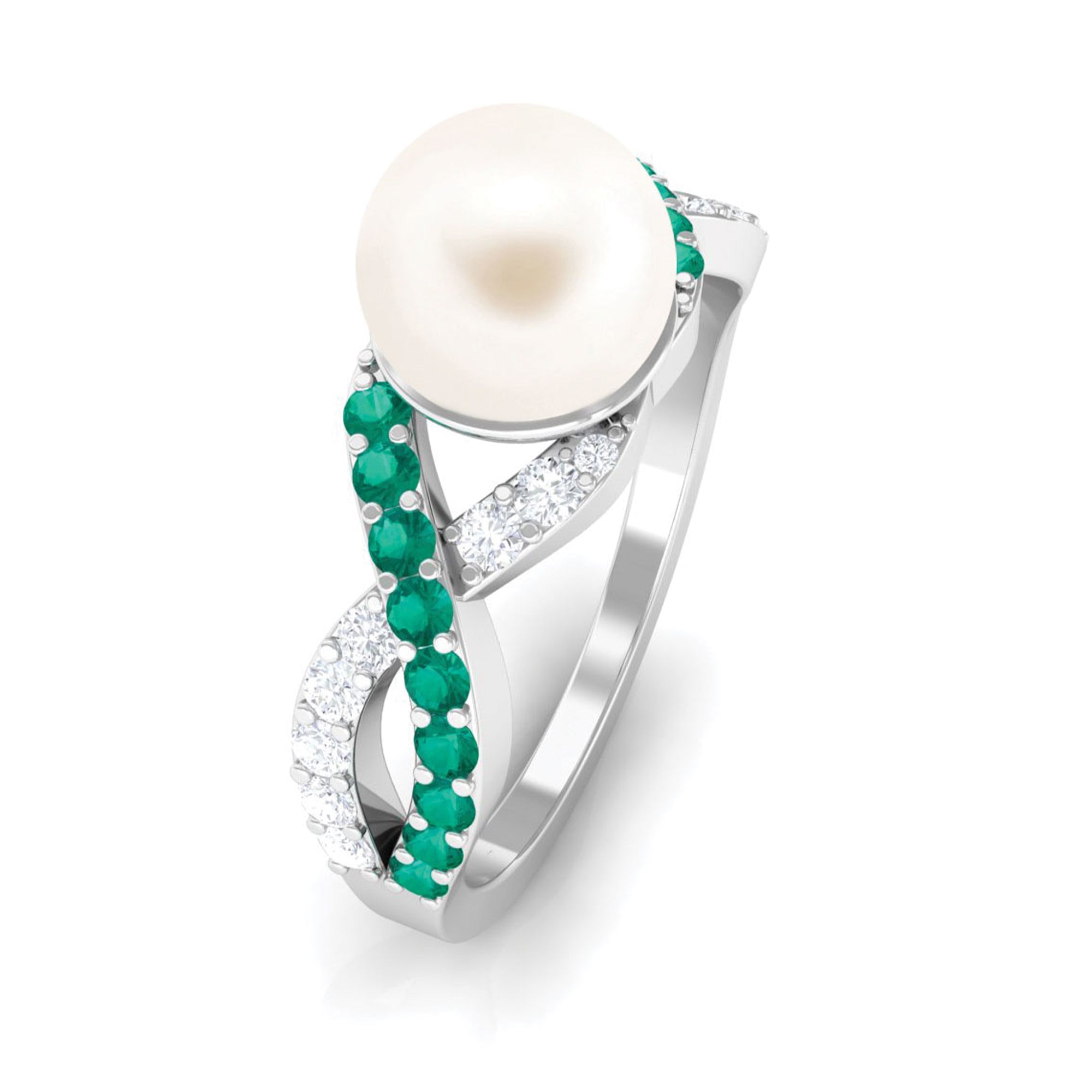 Solitaire Freshwater Pearl Infinity Ring with Emerald and Diamond Freshwater Pearl-AAA Quality - Arisha Jewels