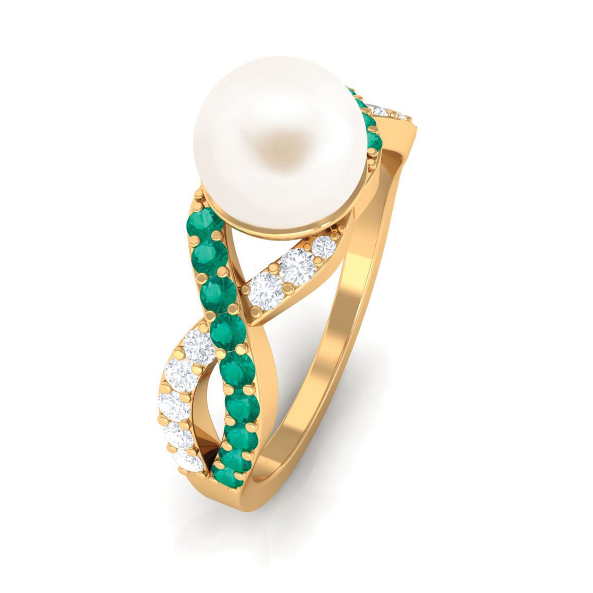 Solitaire Freshwater Pearl Infinity Ring with Emerald and Diamond Freshwater Pearl-AAA Quality - Arisha Jewels