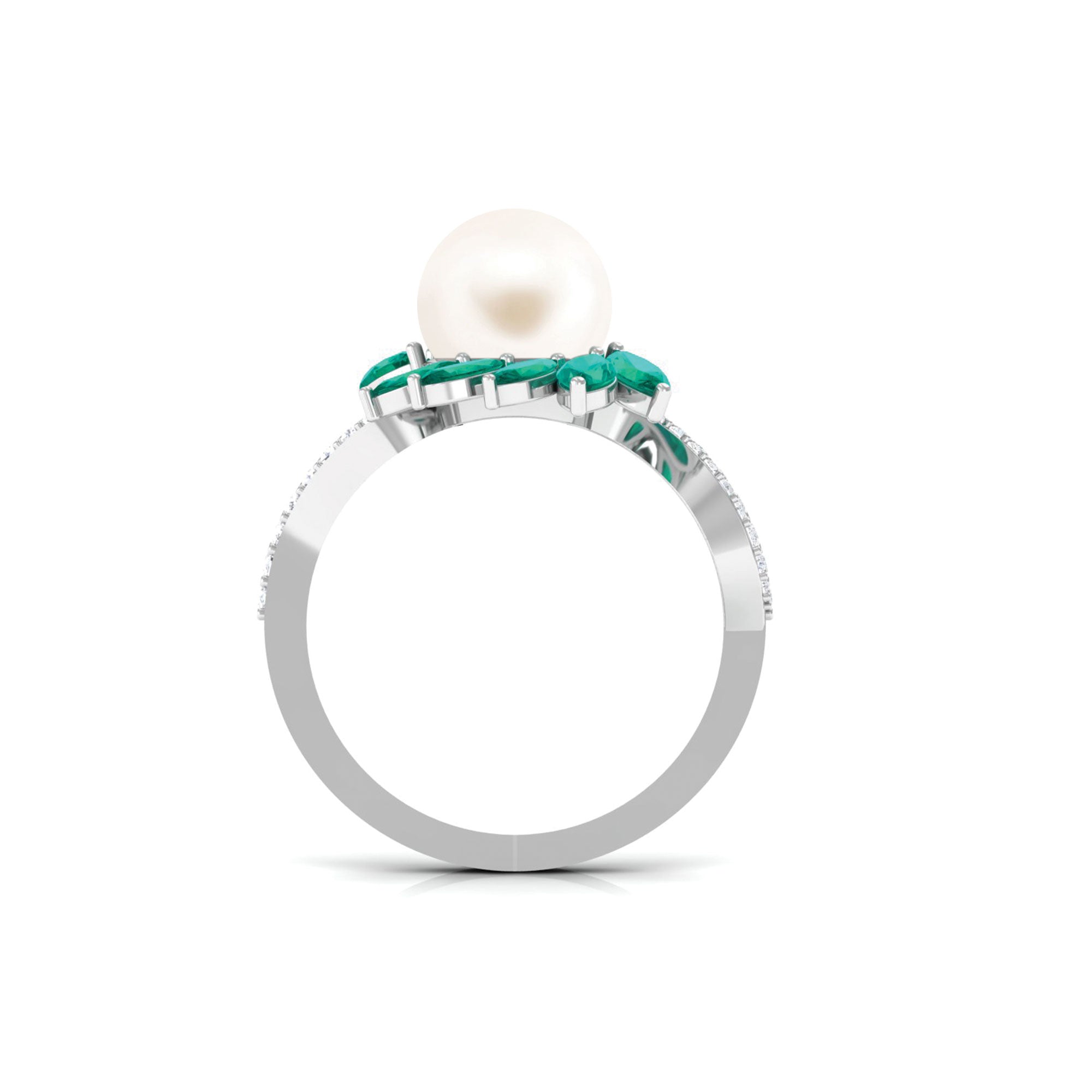 Arisha Jewels-Flower Inspired Freshwater Pearl Cocktail Ring with Emerald