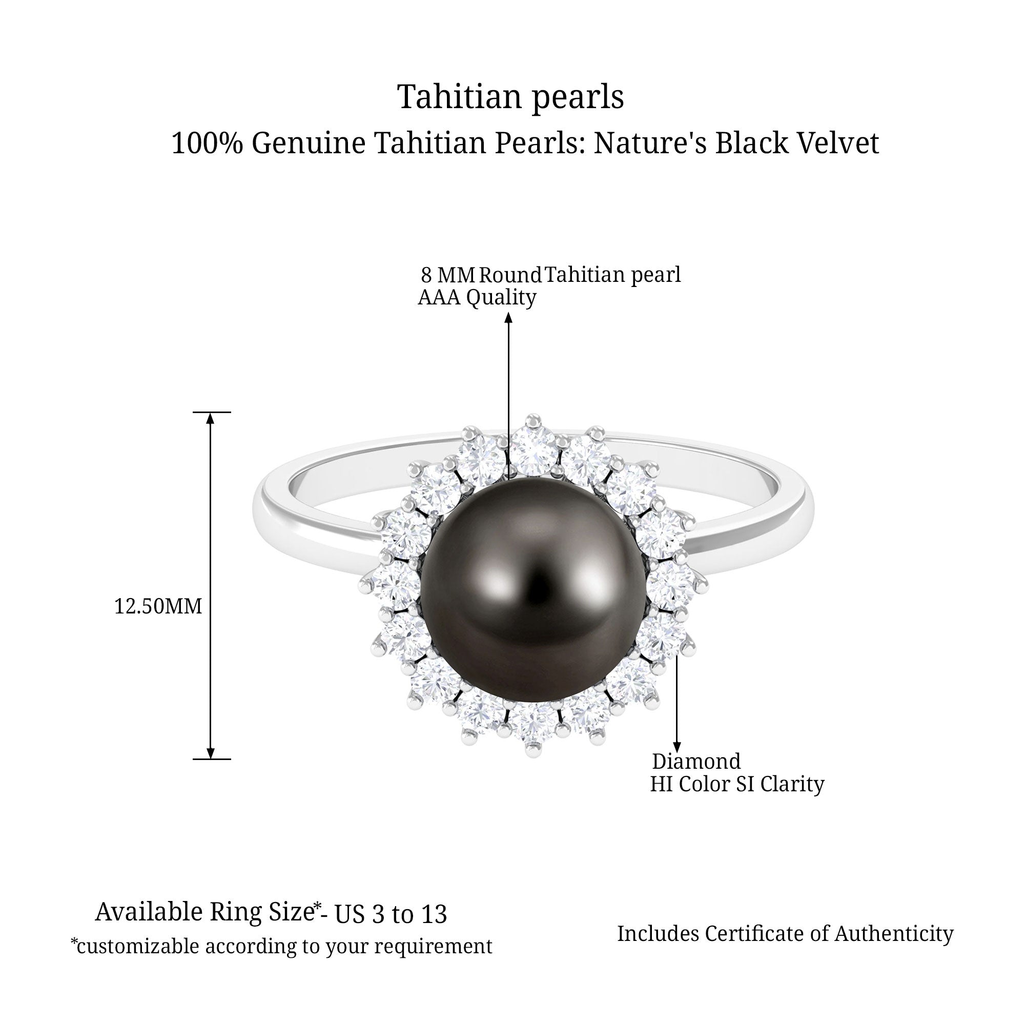 Arisha Jewels-Tahitian Pearl Halo Engagement Ring with Diamond