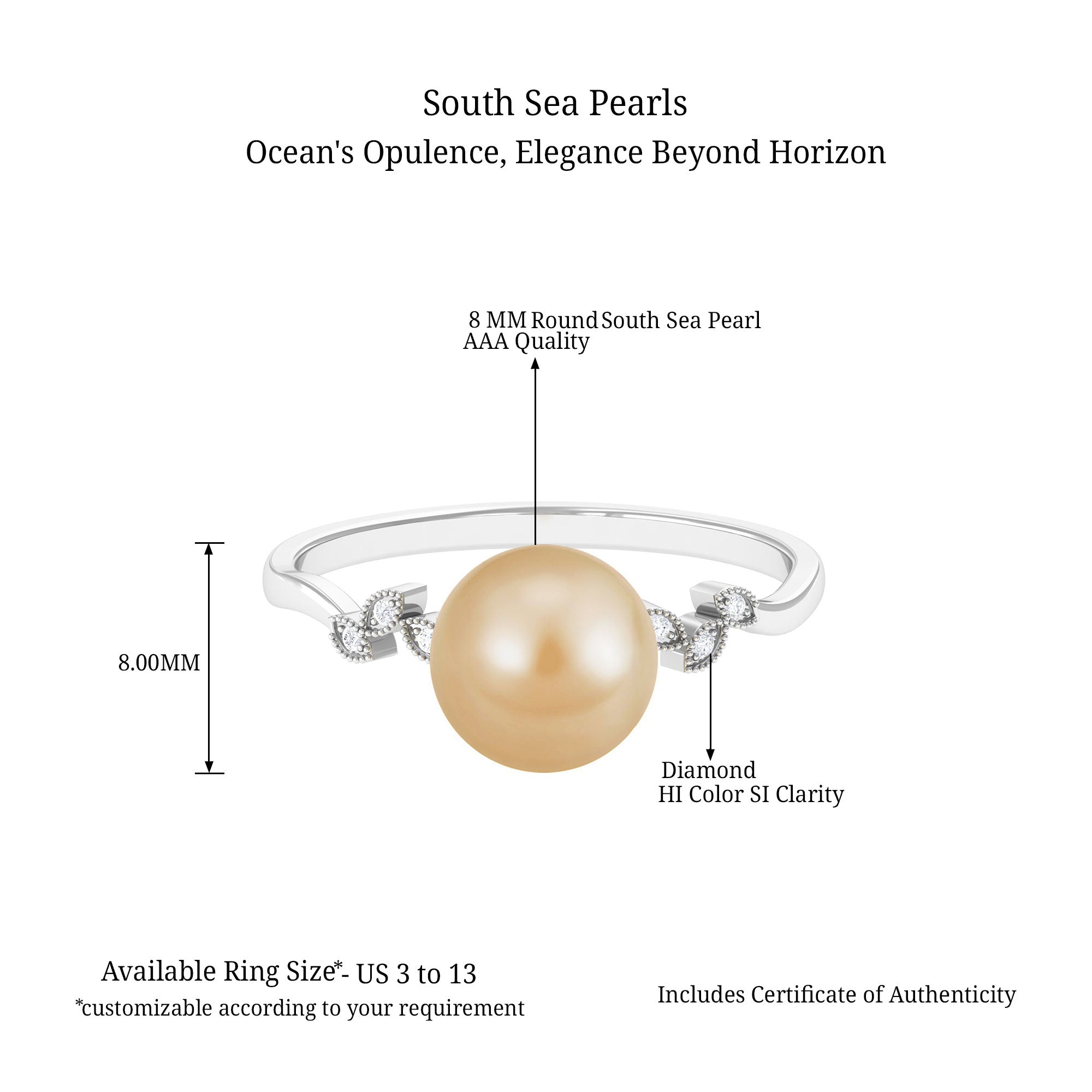 Arisha Jewels-Nature Inspired South Sea Pearl Solitaire Ring with Diamond