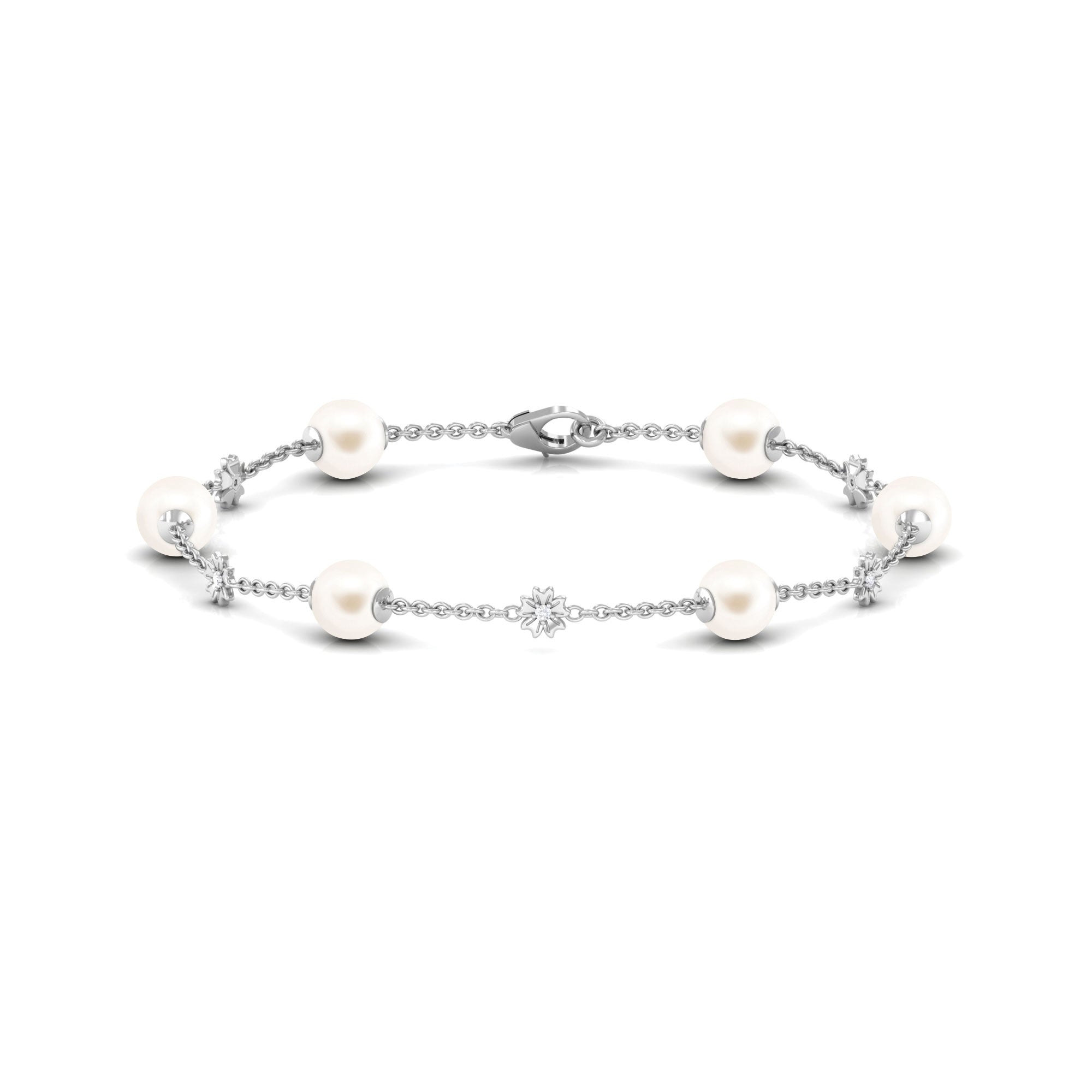 Real Freshwater Pearl Station Chain Bracelet with Diamond Freshwater Pearl-AAAA Quality - Arisha Jewels