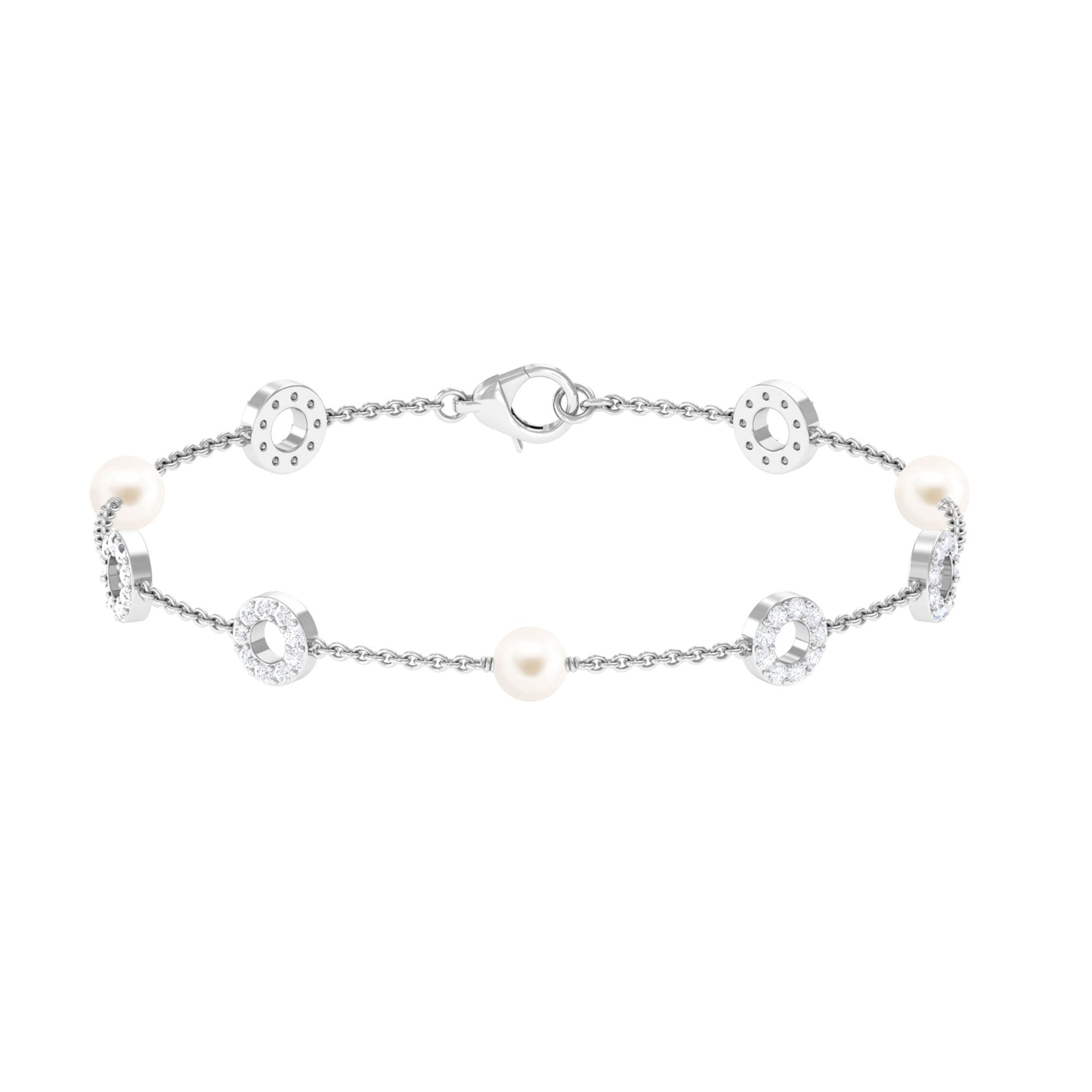 Minimal Freshwater Pearl Station Chain Bracelet with Diamond Freshwater Pearl-AAAA Quality - Arisha Jewels