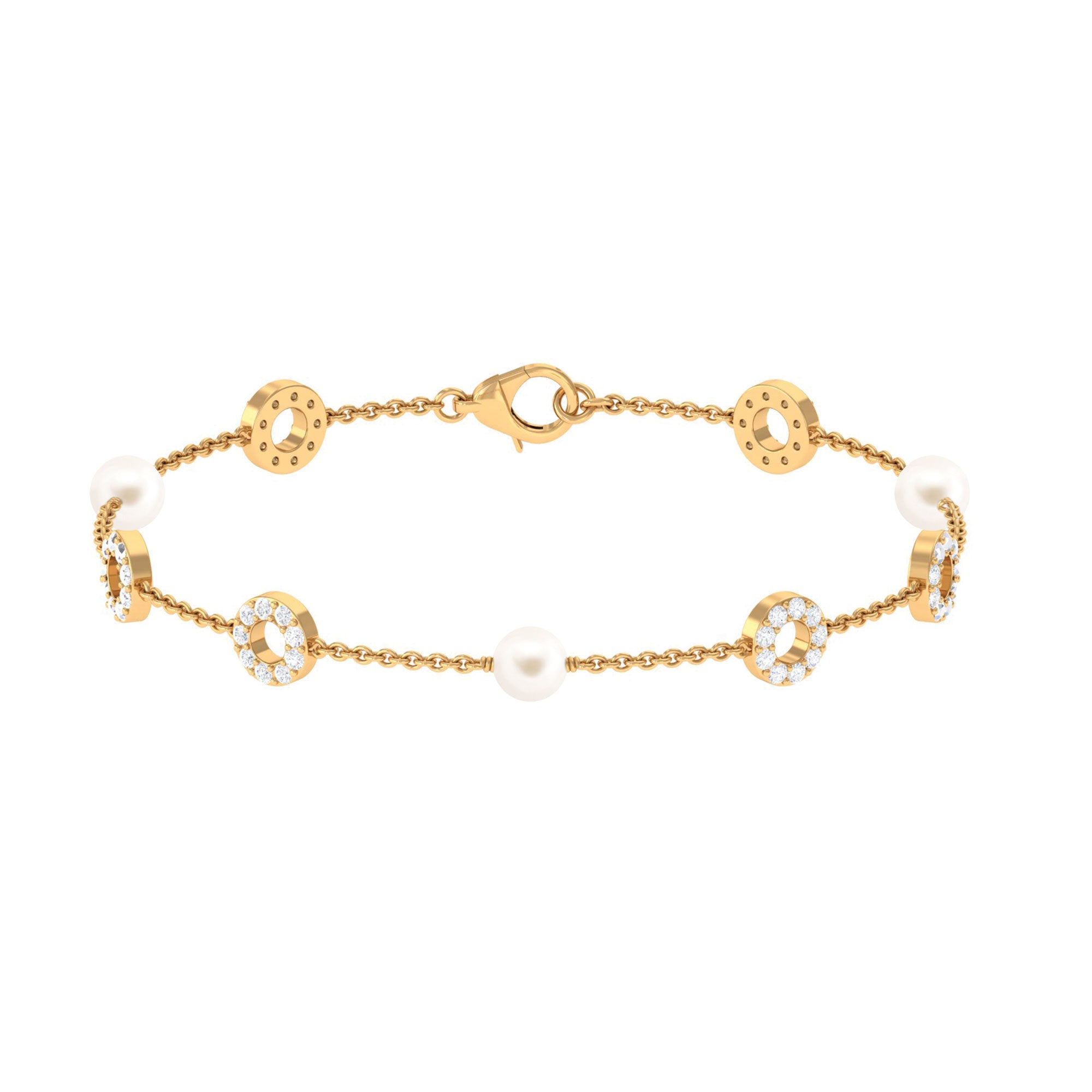 Minimal Freshwater Pearl Station Chain Bracelet with Diamond Freshwater Pearl-AAAA Quality - Arisha Jewels