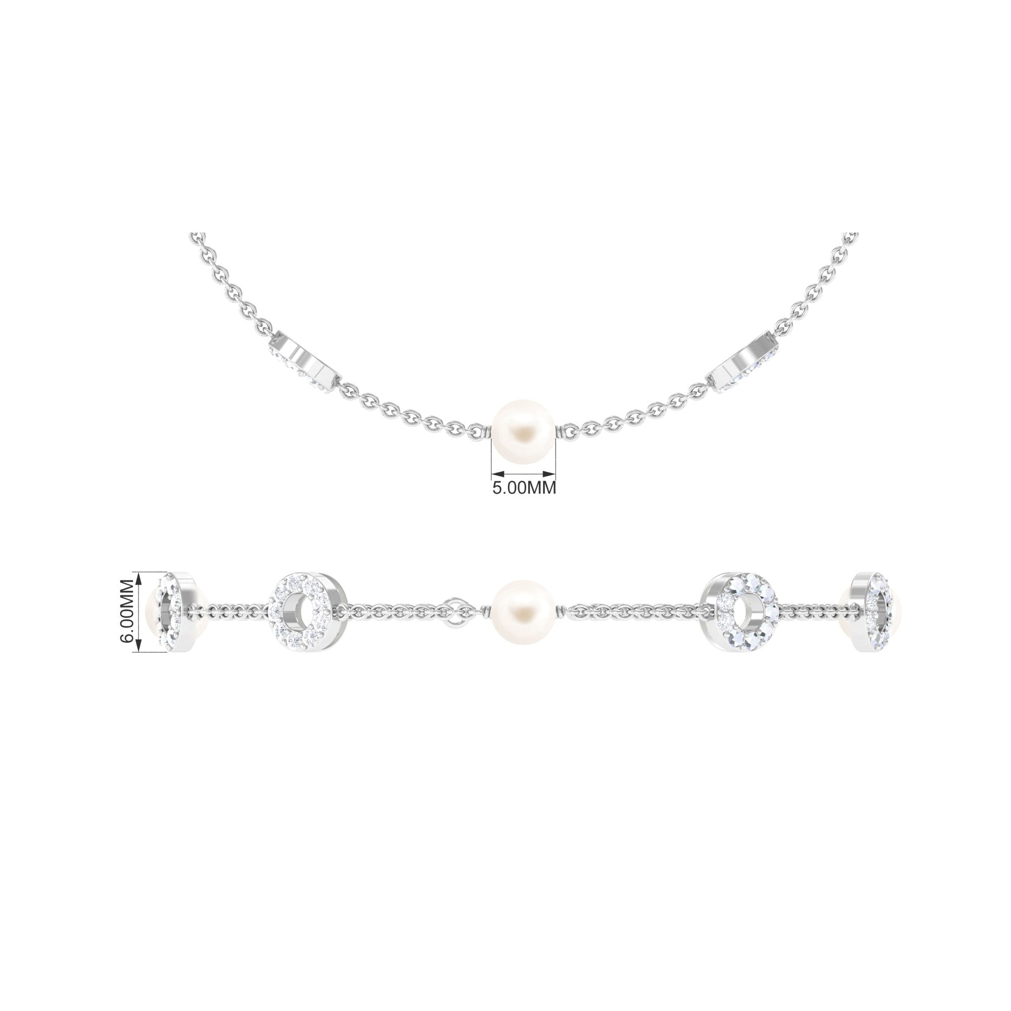 Minimal Freshwater Pearl Station Chain Bracelet with Diamond Freshwater Pearl-AAA Quality - Arisha Jewels