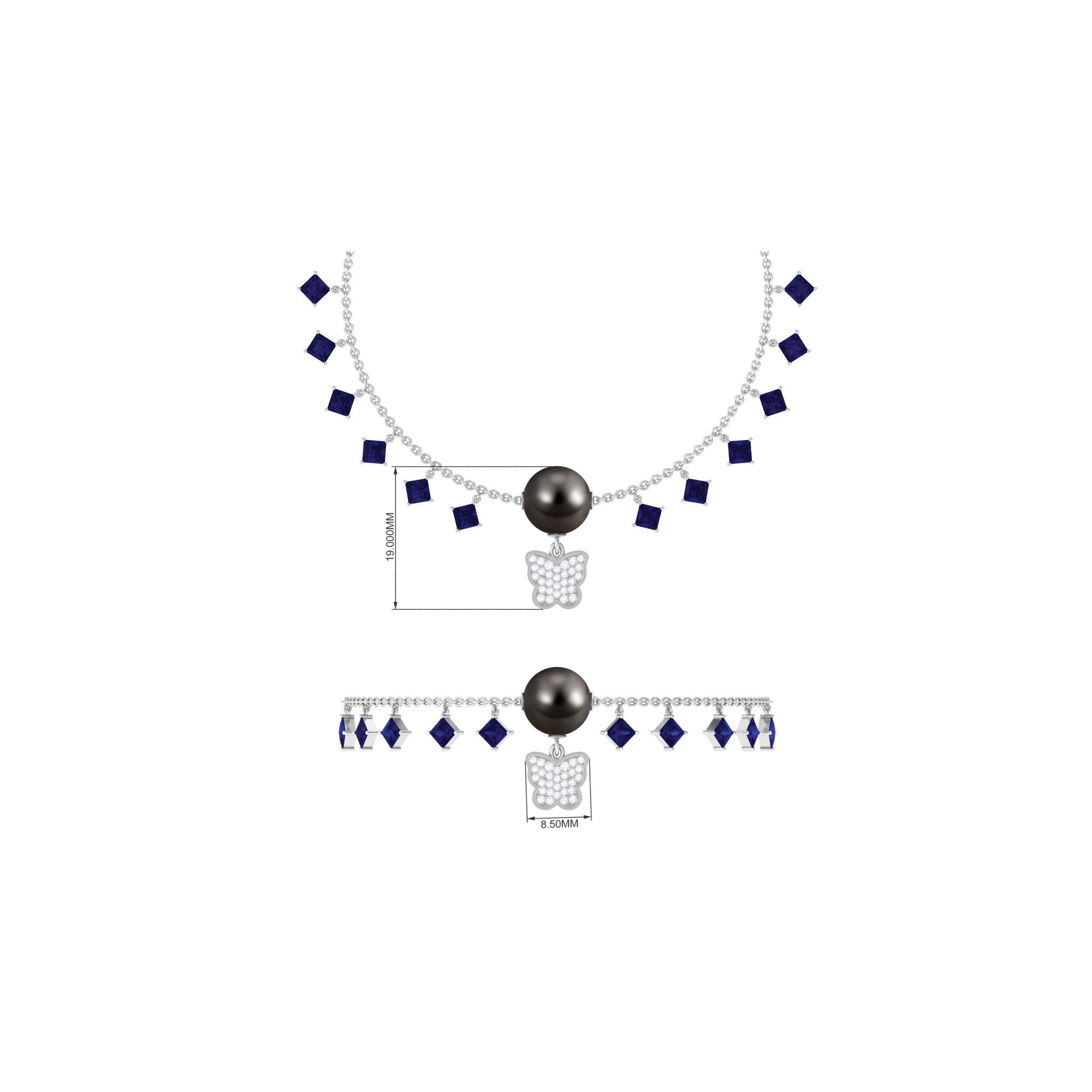 Tahitian Pearl Butterfly Charm Bracelet with Sapphire and Diamond Tahitian pearl-AAA Quality - Arisha Jewels