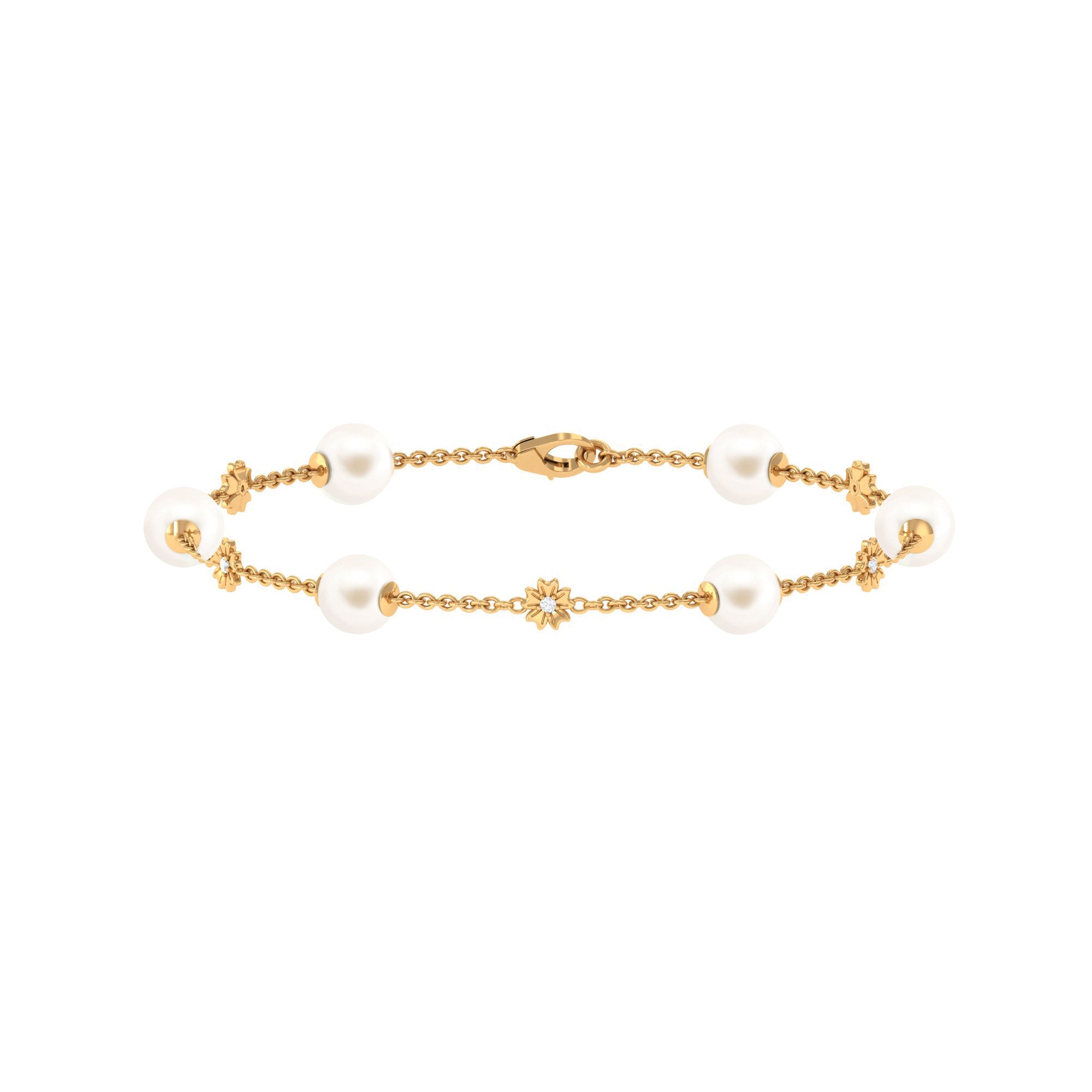 Real Freshwater Pearl Station Chain Bracelet with Diamond Freshwater Pearl-AAA Quality - Arisha Jewels