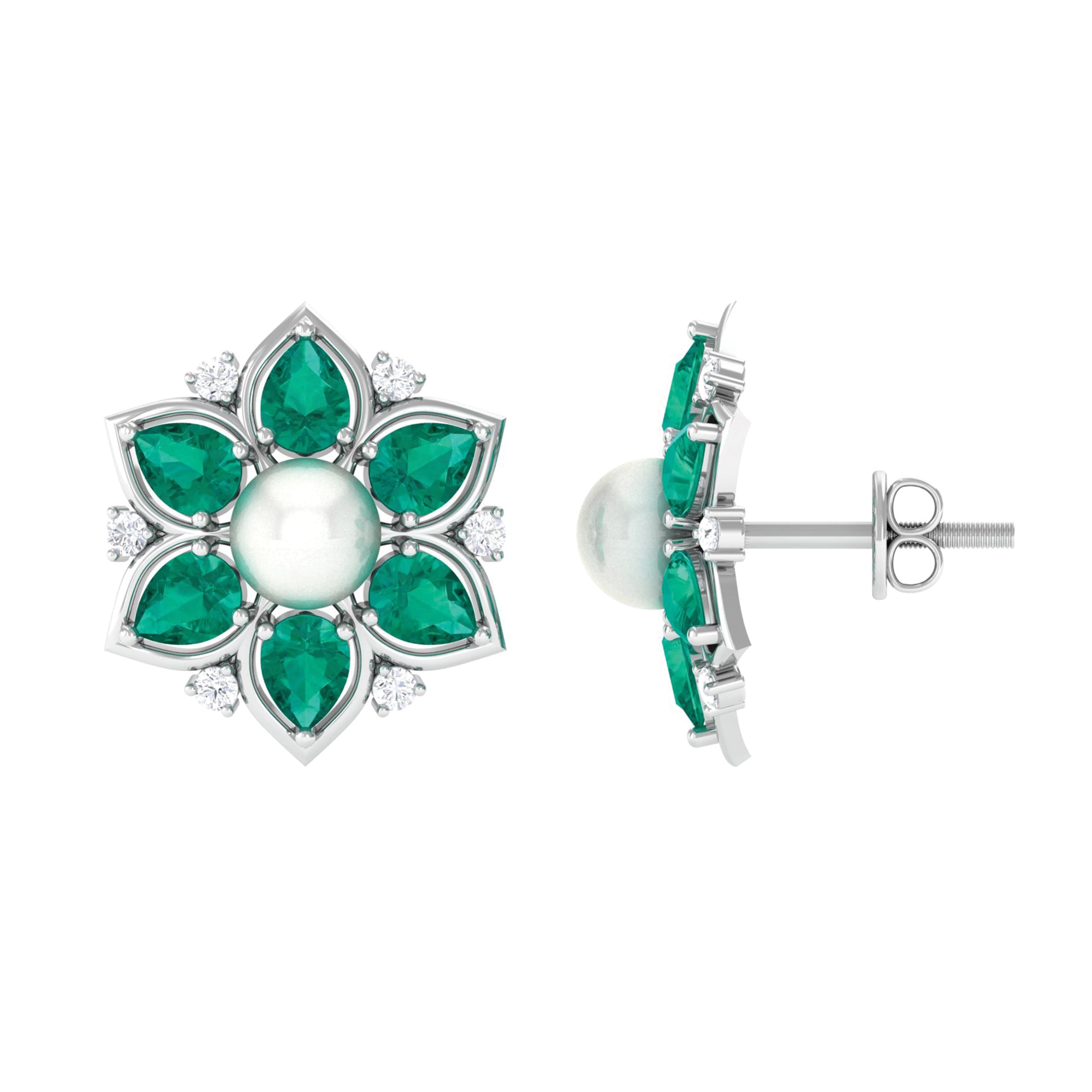 Flower Inspired Freshwater Pearl Stud Earrings with Emerald Freshwater Pearl-AAAA Quality 5 MM - Arisha Jewels