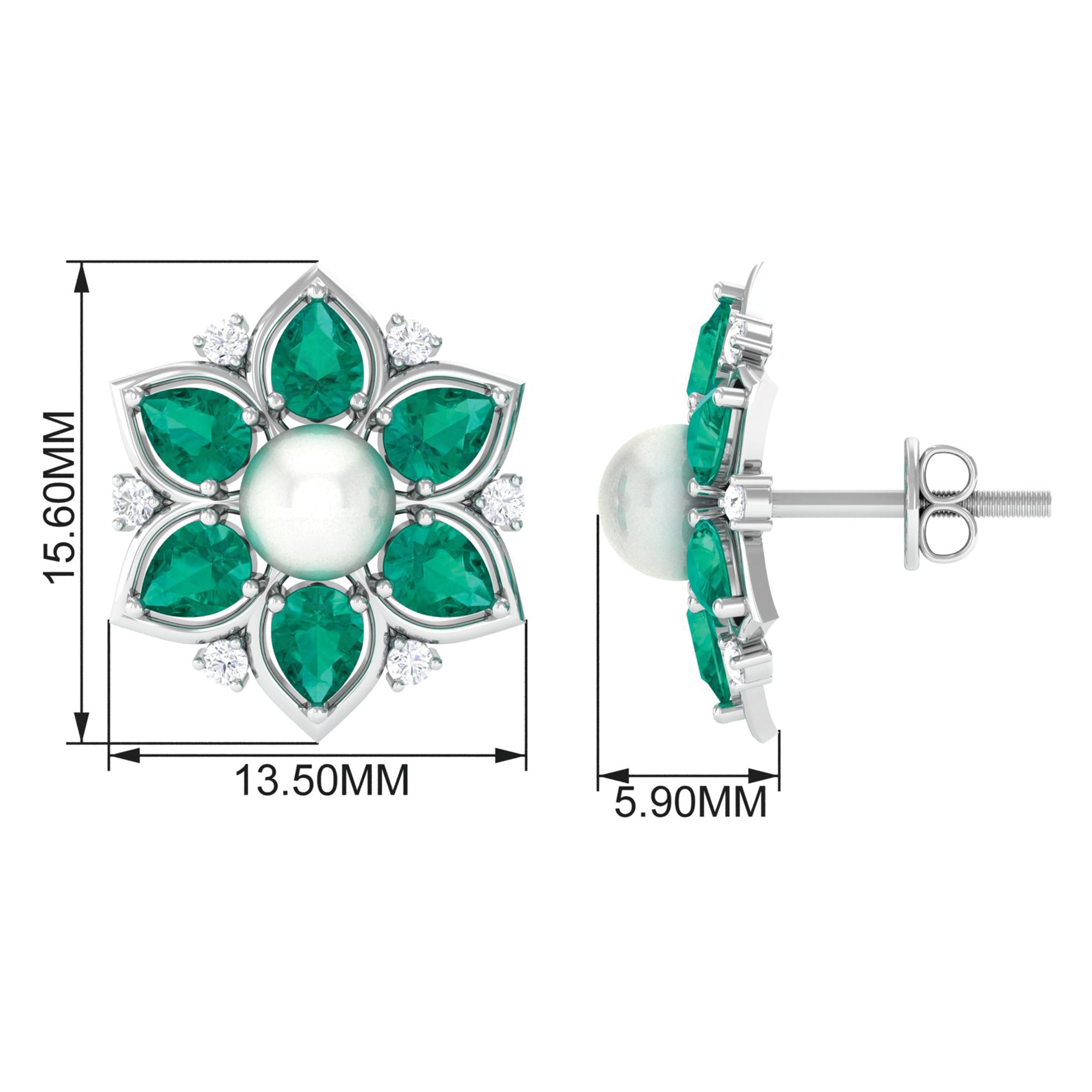 Flower Inspired Freshwater Pearl Stud Earrings with Emerald Freshwater Pearl-AAAA Quality 5 MM - Arisha Jewels