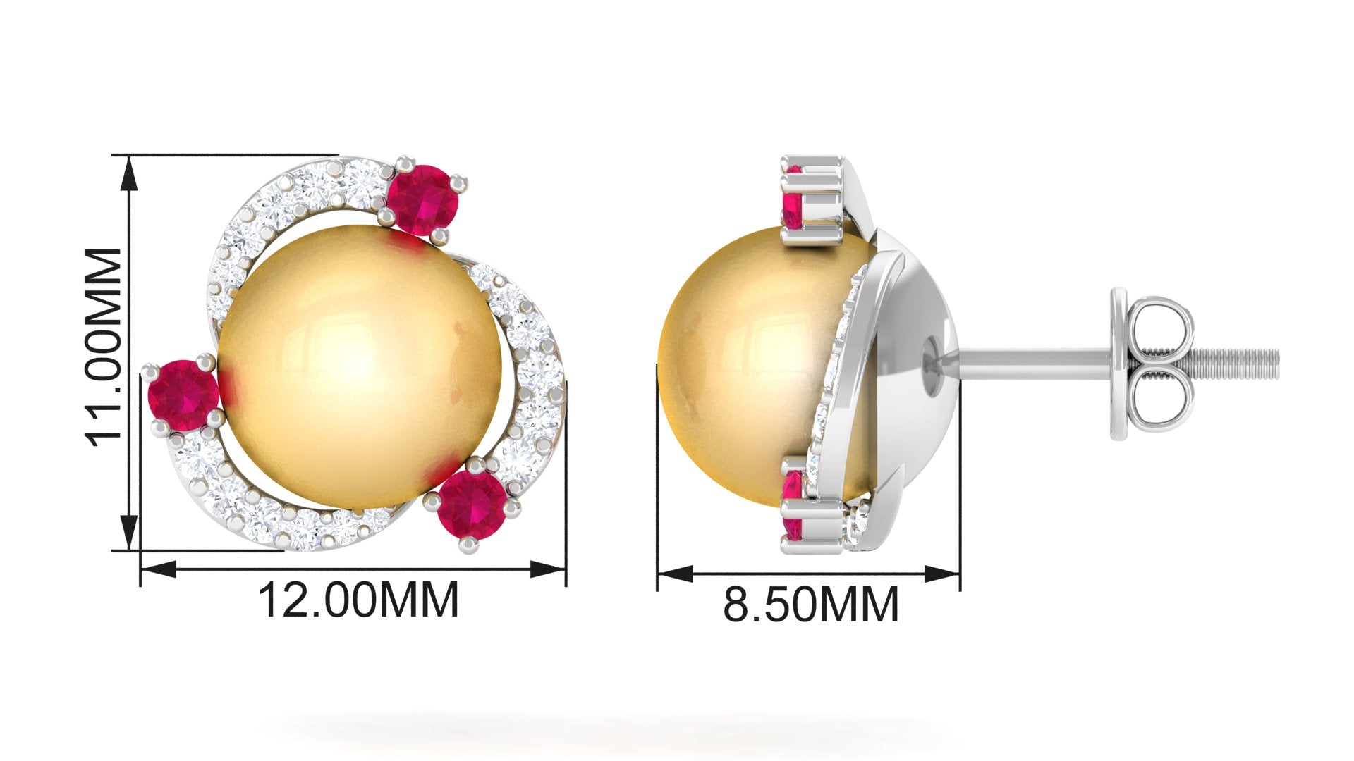 Round South Sea Pearl Swirl Stud Earrings with Ruby and Diamond South Sea Pearl-AAAA Quality - Arisha Jewels