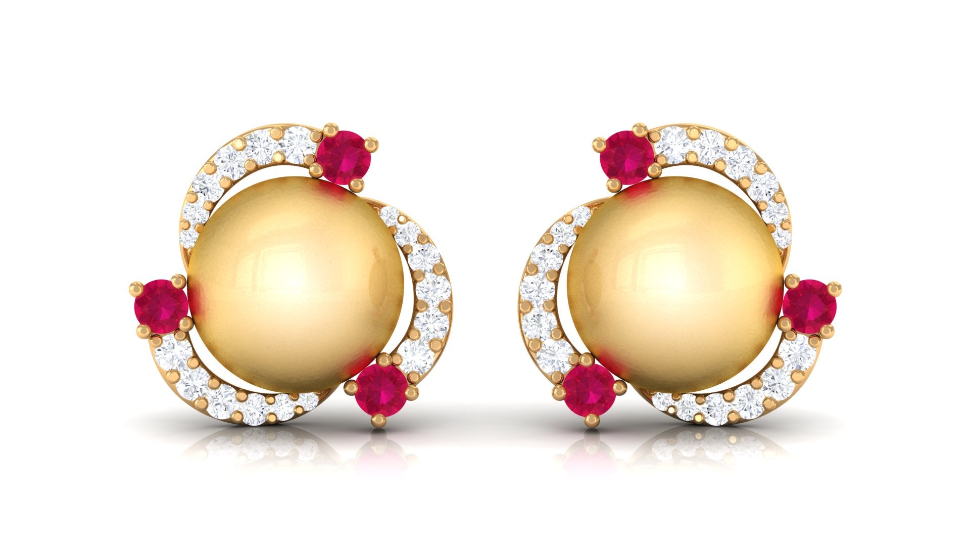 Round South Sea Pearl Swirl Stud Earrings with Ruby and Diamond South Sea Pearl-AAAA Quality - Arisha Jewels