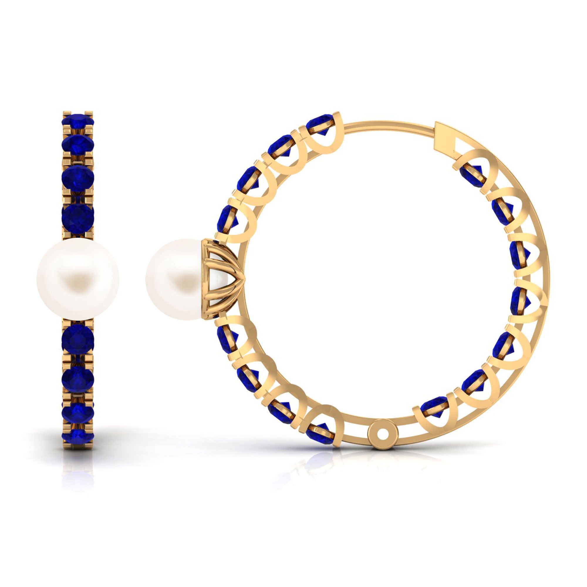 Freshwater Pearl Hoop Earrings with Blue Sapphire Freshwater Pearl-AAAA Quality - Arisha Jewels