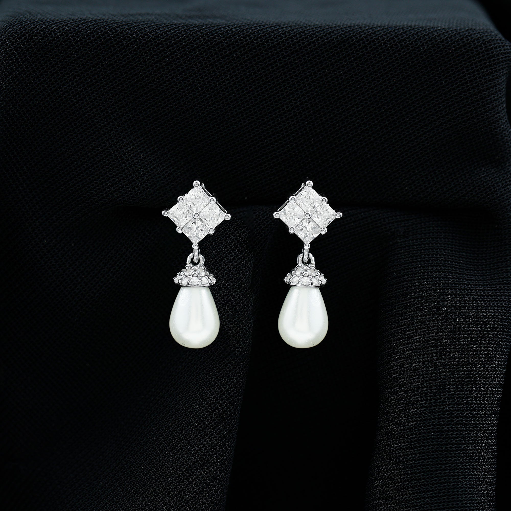 Natural Freshwater Pearl Drop Earrings with Diamond Cluster Freshwater Pearl - ( AAA ) - Quality - Arisha Jewels