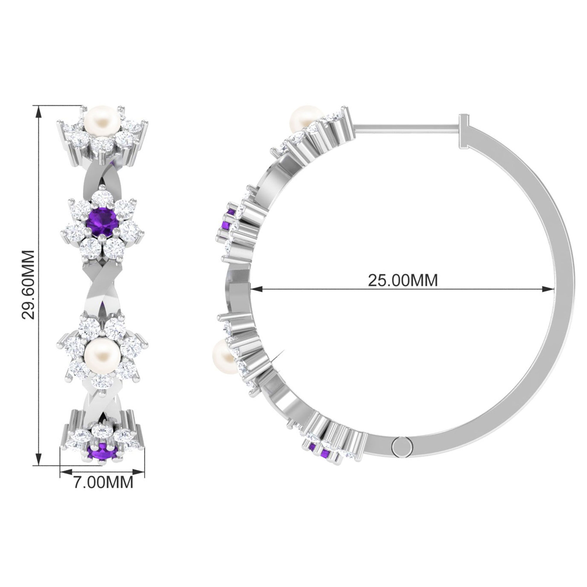 Floral Pearl Hoop Earrings with Amethyst and Diamond Freshwater Pearl-AAA Quality - Arisha Jewels