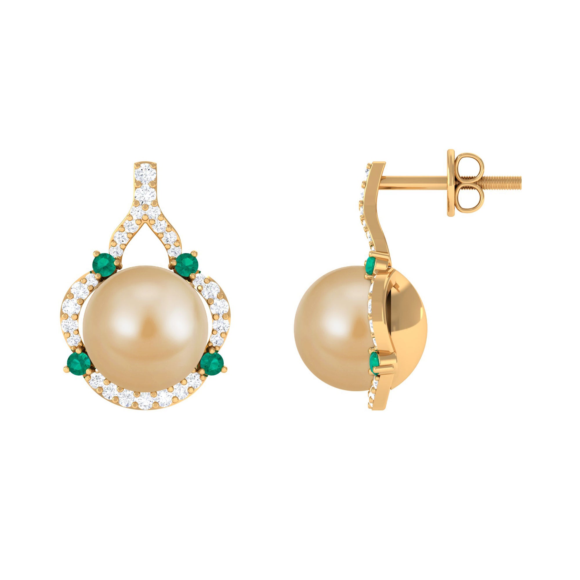 Vintage Golden Pearl Drop Earrings with Emerald and Diamond South Sea Pearl - ( AAA ) - Quality - Arisha Jewels