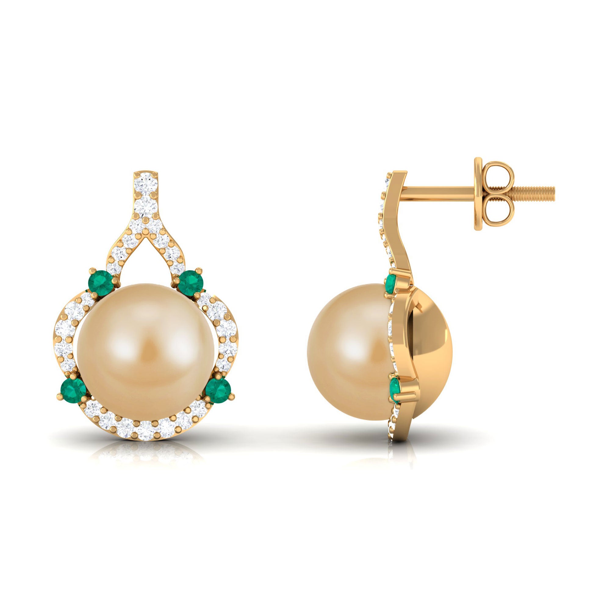 Vintage Golden Pearl Drop Earrings with Emerald and Diamond South Sea Pearl - ( AAA ) - Quality - Arisha Jewels