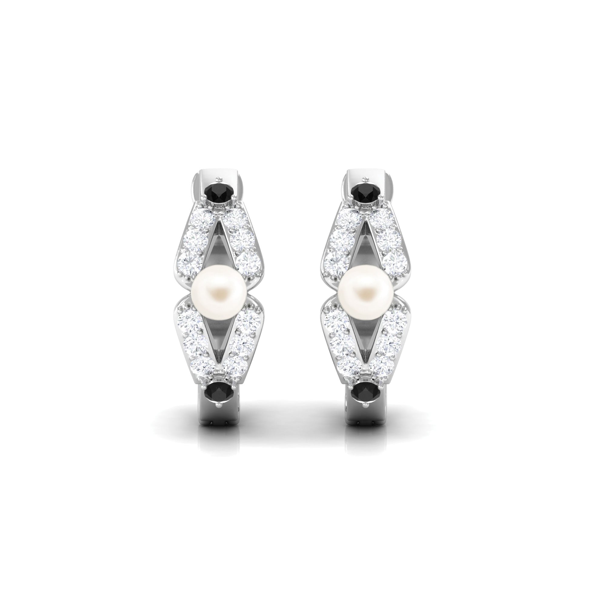 Classic White Pearl Hoop Earrings with Black and White Diamond Freshwater Pearl-AAA Quality - Arisha Jewels