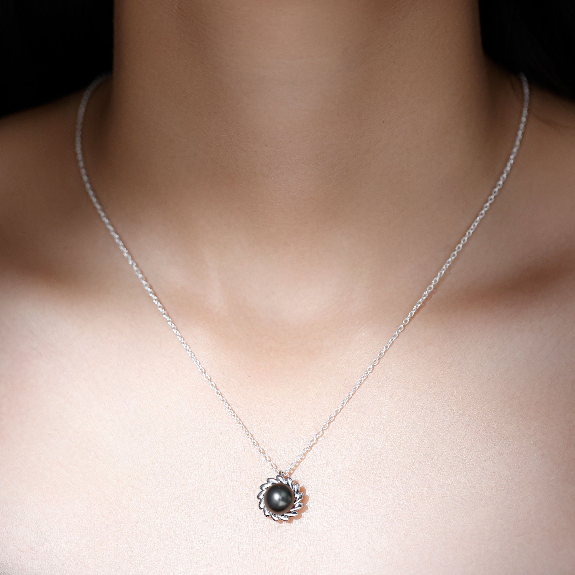 8 MM Black Pearl Solitaire Pendant in Spiral Design Tahitian pearl-AAAA Quality - Arisha Jewels