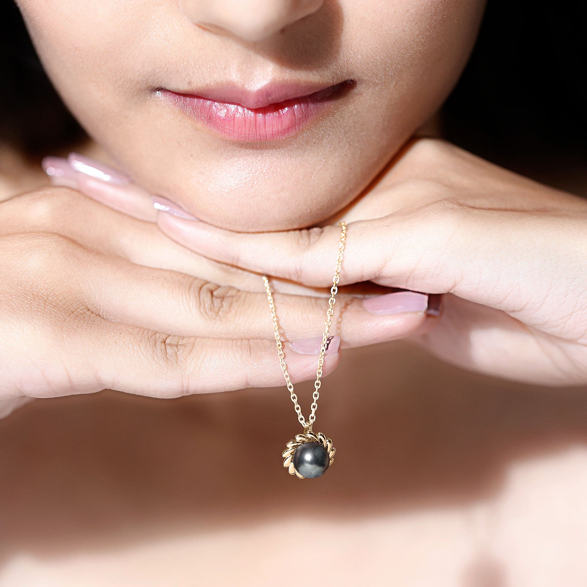 8 MM Black Pearl Solitaire Pendant in Spiral Design Tahitian pearl-AAAA Quality - Arisha Jewels