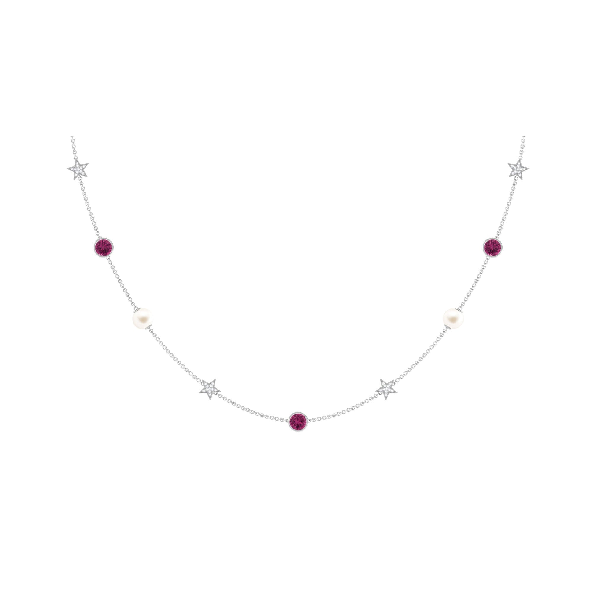 Freshwater Pearl Station Chain Necklace with Tourmaline and Diamond Freshwater Pearl-AAAA Quality - Arisha Jewels