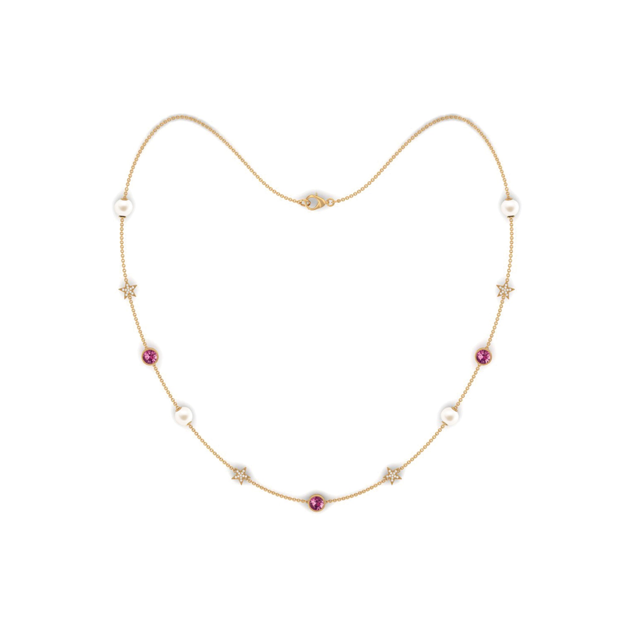 Freshwater Pearl Station Chain Necklace with Tourmaline and Diamond Freshwater Pearl-AAAA Quality - Arisha Jewels