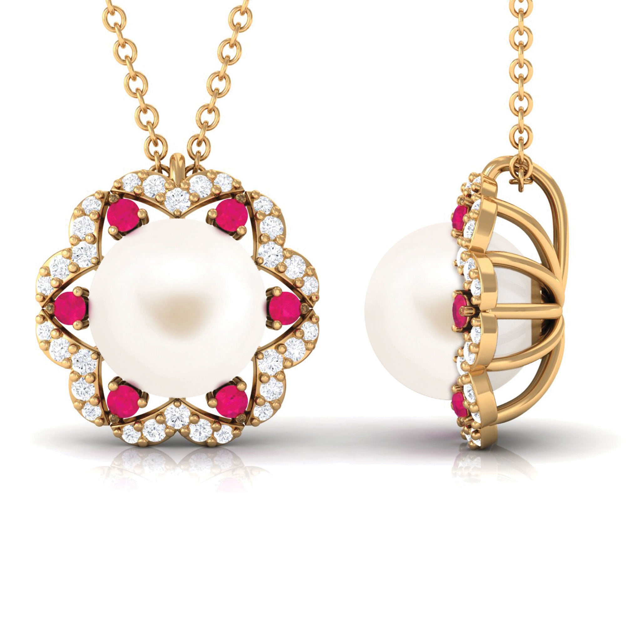 Arisha Jewels-White Freshwater Pearl Statement Pendant with Ruby and Diamond