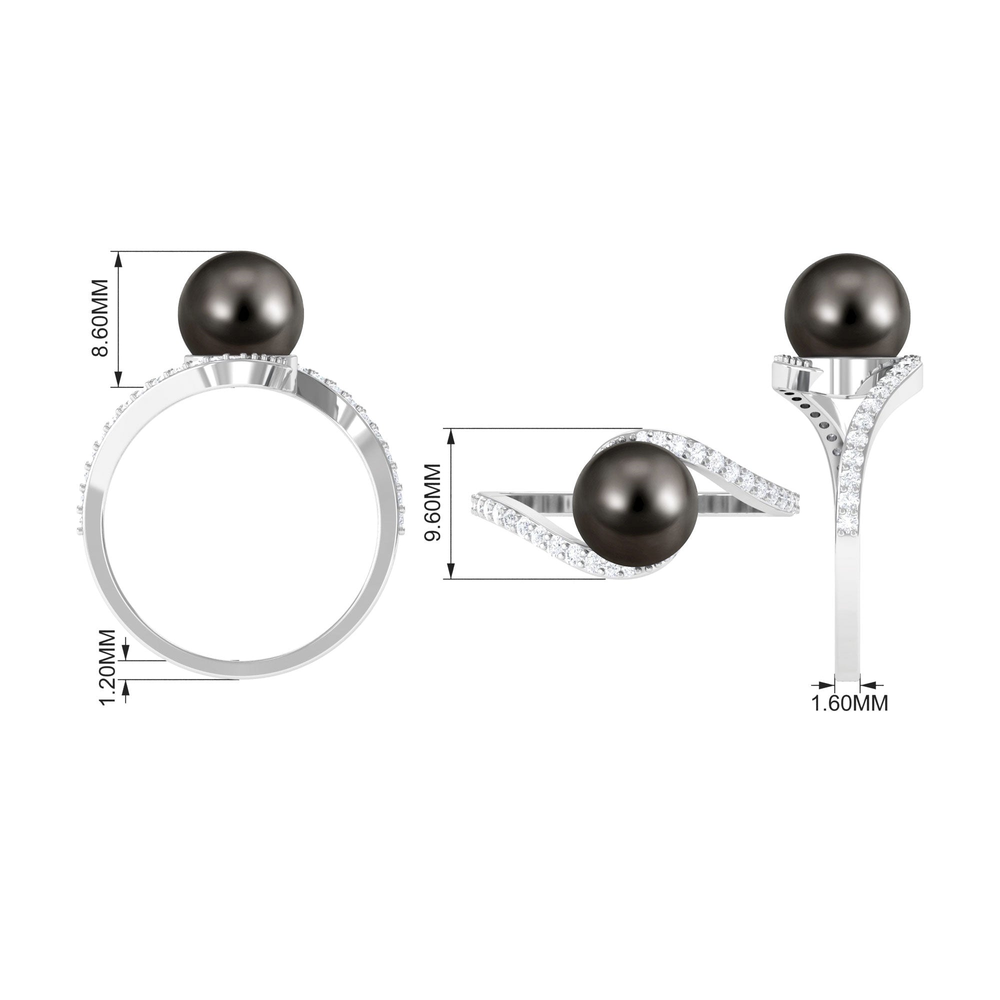 Black Pearl Solitaire Bypass Ring with Diamond Tahitian pearl-AAAA Quality - Arisha Jewels