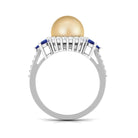 Golden Pearl Cocktail Halo Ring with Sapphire and Diamond South Sea Pearl-AAAA Quality - Arisha Jewels